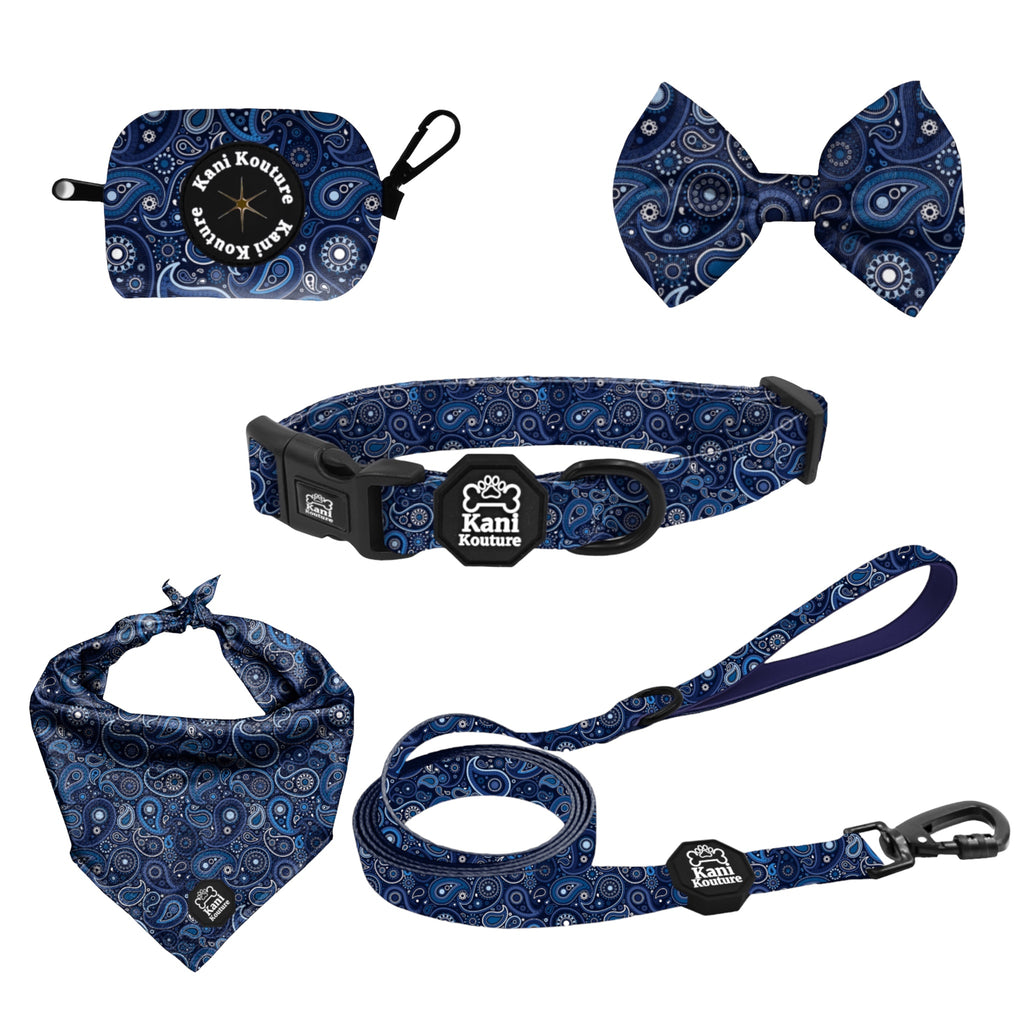 Blue Paisley Deluxe Collar Set: Adjustable Dog Collar, Leash, Cooling Bandana, Bow Tie, and Poop Bag Dispenser Accessories